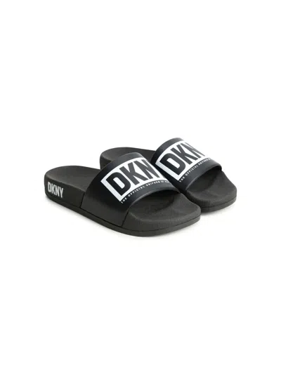 Dkny Kids' Logo-print Pool Slides In 黑色
