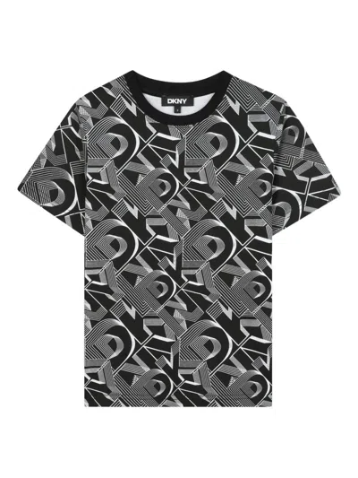 Dkny Kids' All-over Logo-tape Cotton T-shirt In Black
