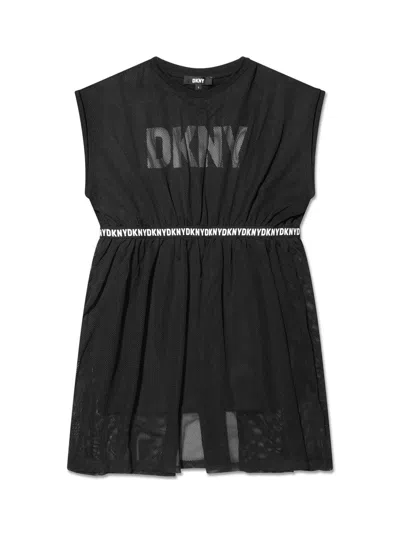 Dkny Kids' Logo-printed Crewneck Mesh Dress In B Nero