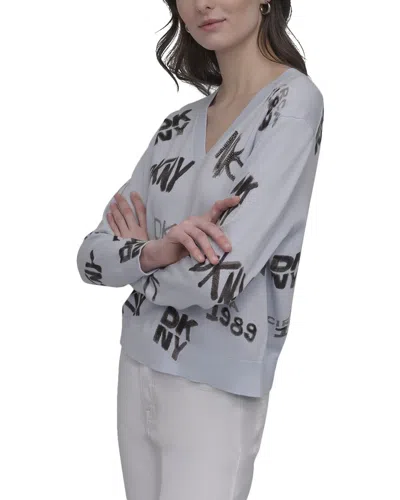 Dkny Logo Printed V-neck Pullover In Gray