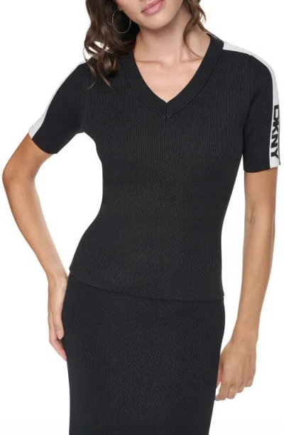 Dkny Logo Stripe Rib Sweater In Black