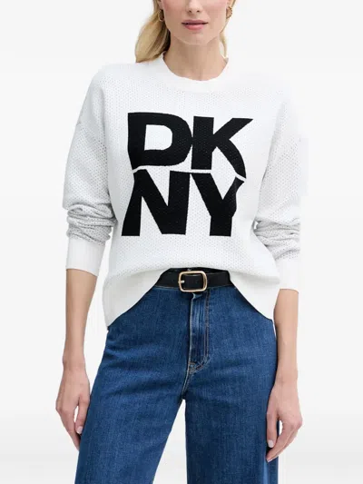 Dkny Logo-detail Perforated-knit Sweater In White