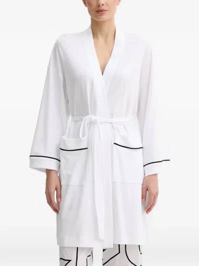 Dkny Logo-embroidered Contrast-trim Robe In White