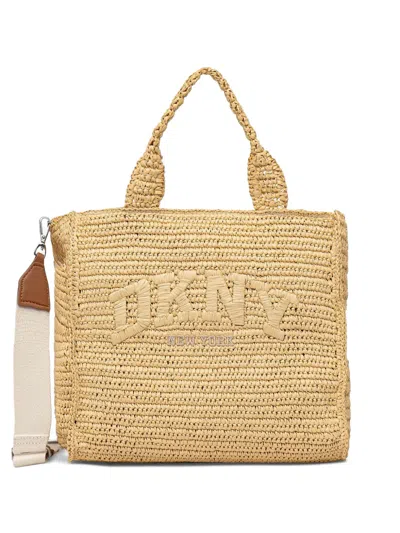 Dkny Logo-embroidered Woven Tote Bag In Brown