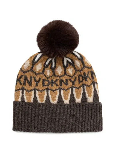 Dkny Logo-intarsia Pom-pom Beanie Hat In Brown