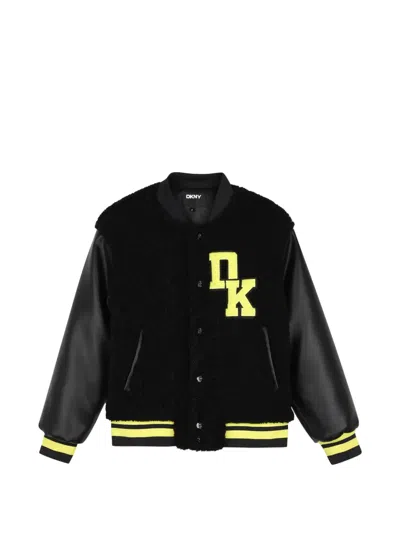 Dkny Kids' Logo-patch Faux-shearling Bomber Jacket In Black