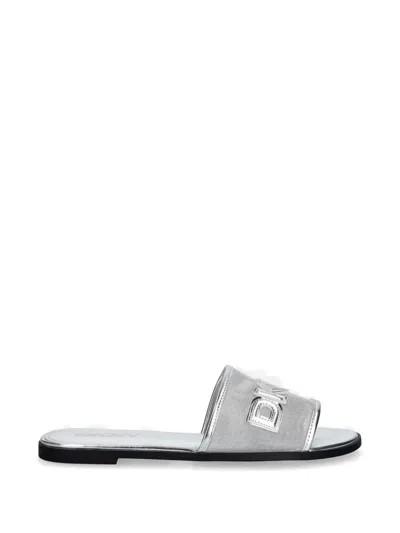 Dkny Logo-patch Mesh Sandals In Silver