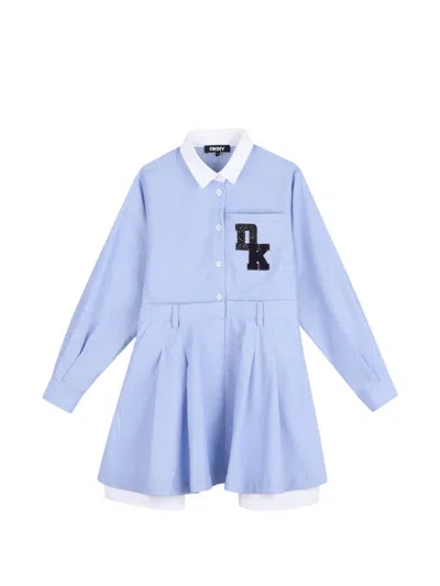 Dkny Kids' Logo-patch Pleated Dress In Blue