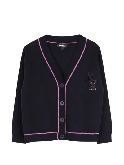 Dkny Kids' Logo-patch V-neck Cardigan In Blue