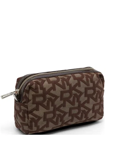 Pre-owned Dkny Logo-print Canvas Clutch Bag In Brown