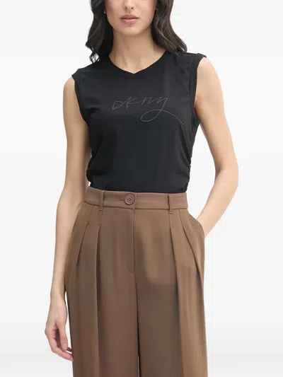 Dkny Logo-print Ruched-side T-shirt In Black
