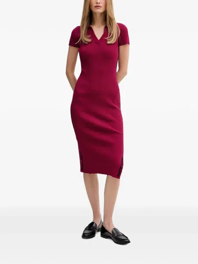 Dkny Logo-tape Ribbed-knit Midi Dress In Burgundy