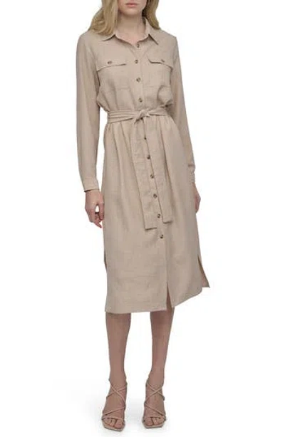 Dkny Long Sleeve Belted Midi Shirtdress In Beige