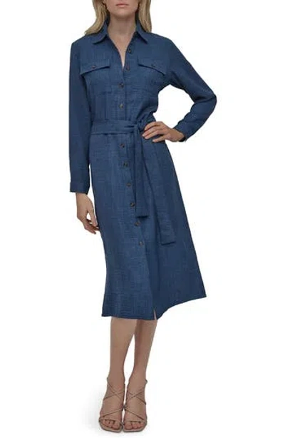 Dkny Long Sleeve Belted Midi Shirtdress In Denim
