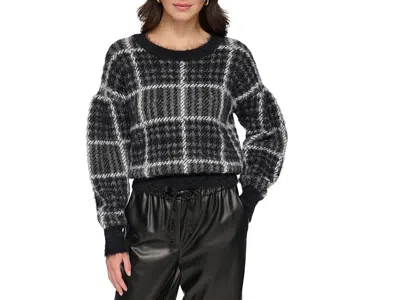 Dkny Long Sleeve Box Plaid Sweater In Black