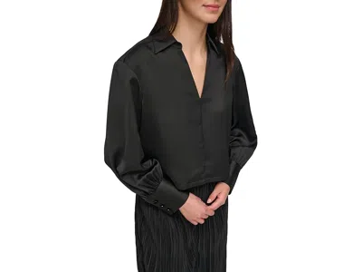 Dkny Long Sleeve Collard V-neck Satin Blouse Women's Clothing Black: Sm In Multi