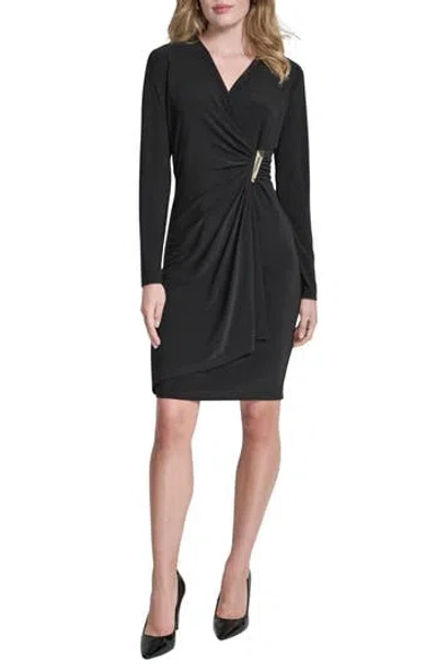 Dkny Long Sleeve Faux Wrap Dress In Black