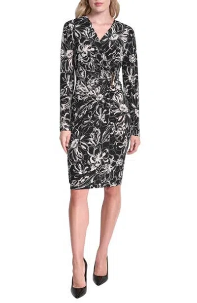 Dkny Long Sleeve Faux Wrap Dress In Black
