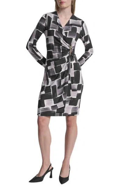 Dkny Long Sleeve Faux Wrap Dress In Gray