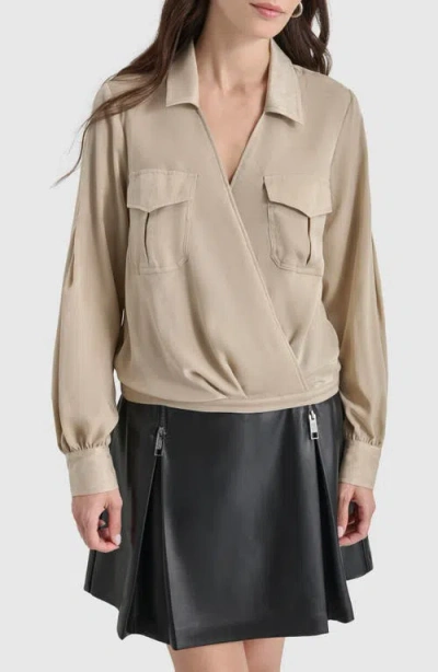 Dkny Long Sleeve Faux Wrap Shirt In Trench