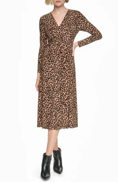 Dkny Long Sleeve Midi Dress In Brown