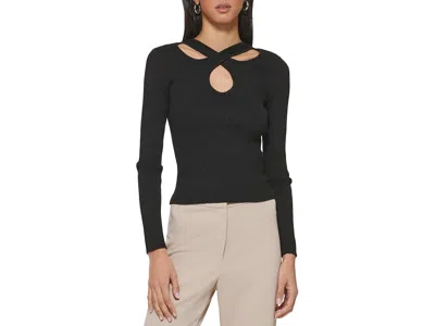 Dkny Long Sleeve Rib Lurex Cutout Sweater Women's Clothing Black: Xl, Nylon/polyester/rayon
