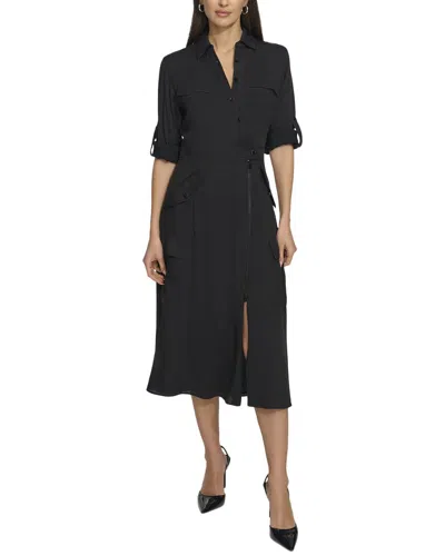 Dkny Long Sleeve Silky Cargo Midi Dress In Black