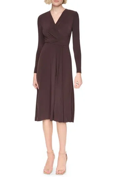 Dkny Long Sleeve V-neck Midi Dress In Brown