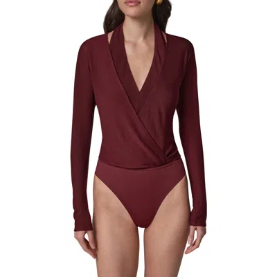 Dkny Long Sleeve Wrap Bodysuit In Brown