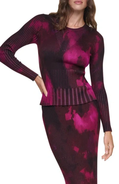 Dkny L/s Printed Mix Rib Sweater In Multi