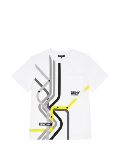 Dkny Kids' Map-print Pocket-detail T-shirt In White