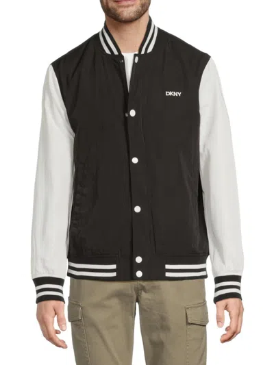 Dkny Men's Colorblock Logo Varsity Jacket In Black