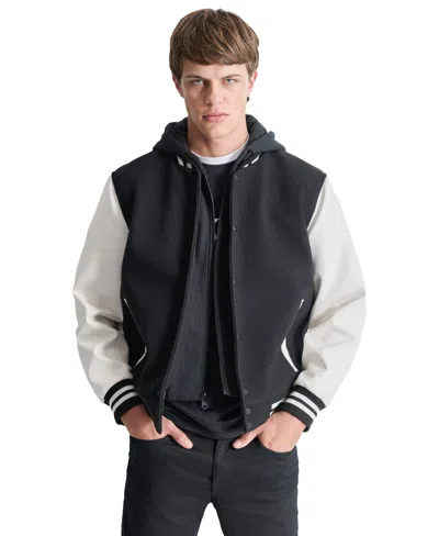 Dkny Men's Colorblocked Removable Hood Varsity Jacket In Black
