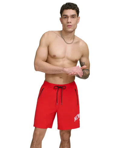 Dkny Men's Core Arch Logo Stretch 7" Volley Shorts In Red
