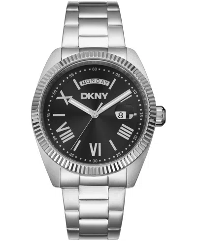 Dkny Men's Day Date Black Dial Stainless Steel Bracelet Watch, 41mm In Silver