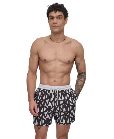 Dkny Men's Euro Black & White Bandana Print Performance 5" Volley Shorts In Graffiti