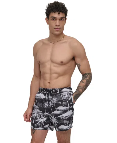 Dkny Men's Euro Black & White Bandana Print Performance 5" Volley Shorts