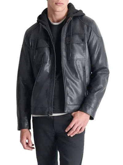 Dkny Men's Faux Leather Hooded Jacket In Black