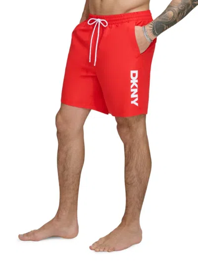 Dkny Men's Logo Standard Fit Swim Shorts In Red