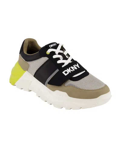 Dkny Men's Mixed Media Runner With Front Logo Strap Sneakers In Tan