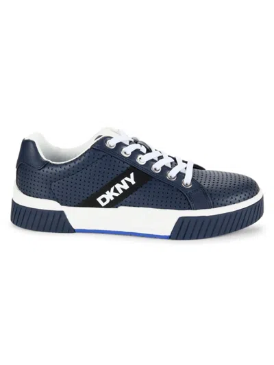 Dkny Men's Perforated Two-tone Branded Sole Racer Toe Sneakers In Navy