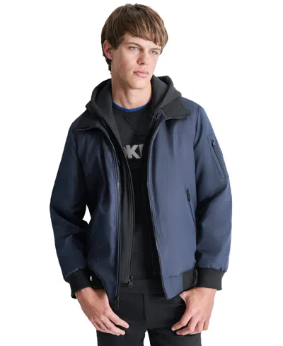 Dkny Men's Removable Hood Water-resistant Bomber Jacket In True Navy