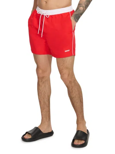 Dkny Men's Standard Fit Flat Front Swim Shorts In Red