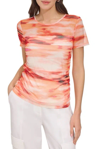 Dkny Women's Crewneck Side-ruched Short-sleeve Mesh Top In Orange Blossom Multi