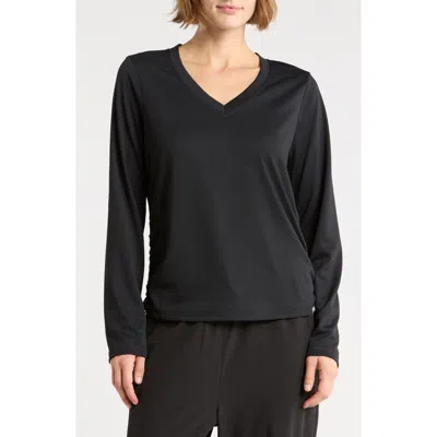 Dkny Mesh V-neck Long Sleeve T-shirt In Black