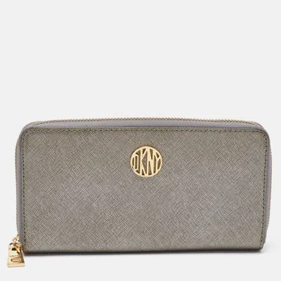 Dkny Metallic Grey Saffiano Leather Logo Zip Around Wallet In Neutral