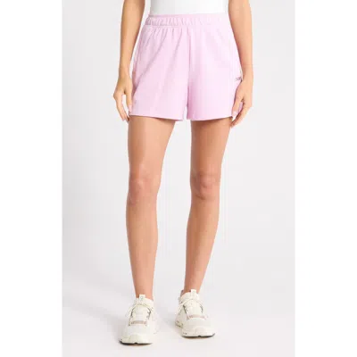 Dkny Metallic Logo High Rise French Terry Shorts In Pink