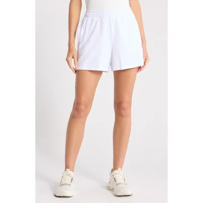 Dkny Metallic Logo High Rise French Terry Shorts In White