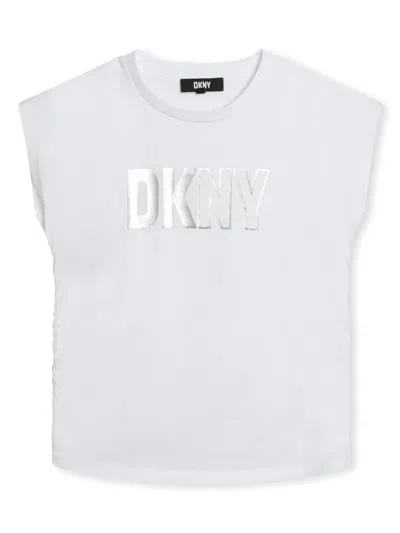 Dkny Kids' Metallic Logo-print Organic Cotton T-shirt In White