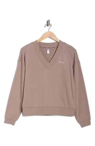 Dkny Metallic Logo V-neck French Terry Sweatshirt In Brown